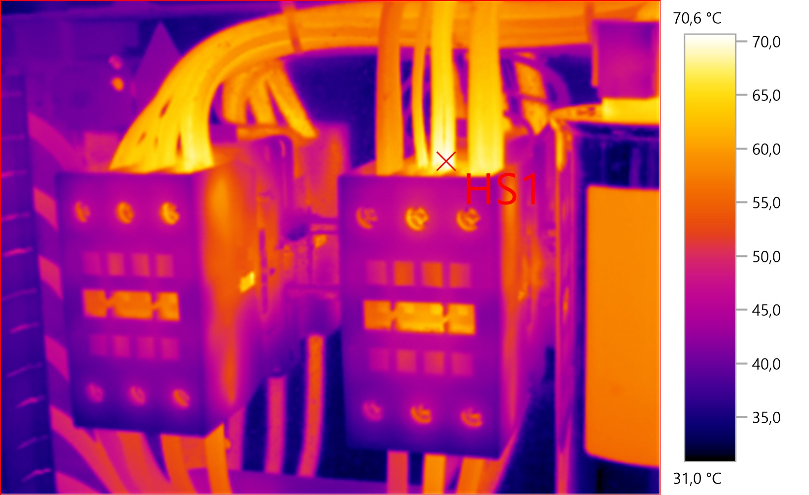 Thermografie elektrischer Anlagen – Auffälligkeiten sichtbar machen Thermografie einer elektrischen Anlage mit auffälliger Erwärmung an einem Leiteranschluss